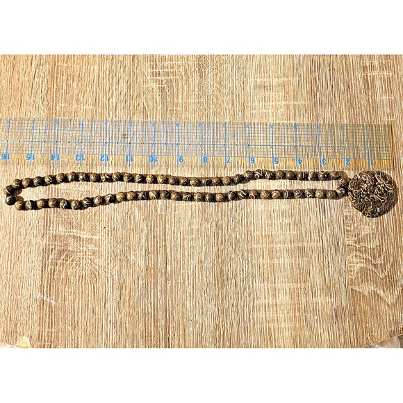Shell Fossil Beaded Necklace, Dragon Carved Pendant, Strand Dark Stone - Picture 6 of 6